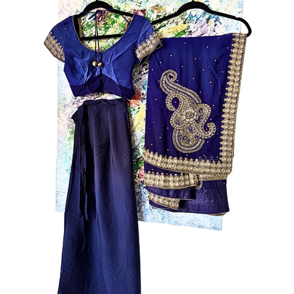 Bejeweled Hand-Made Sheer Blue Saree (Sari) - India w/ top & Underskirt